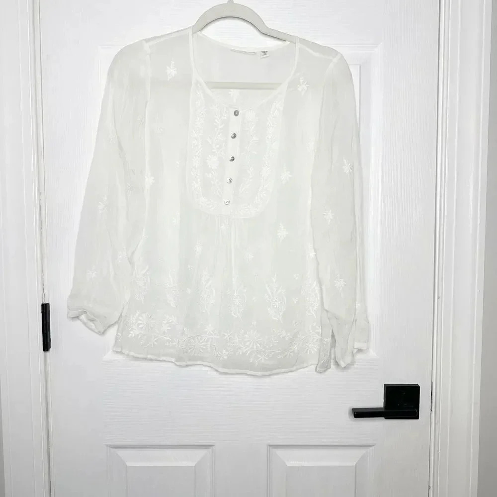 UNCOMMON THREADS J. JILL White Embroidered‎ Henley Blouse Size XS Petite
